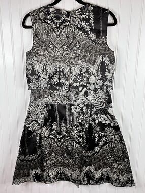 Marchesa Notte Silk  Luxe Black and Silver Floral Print Party Dress 4
